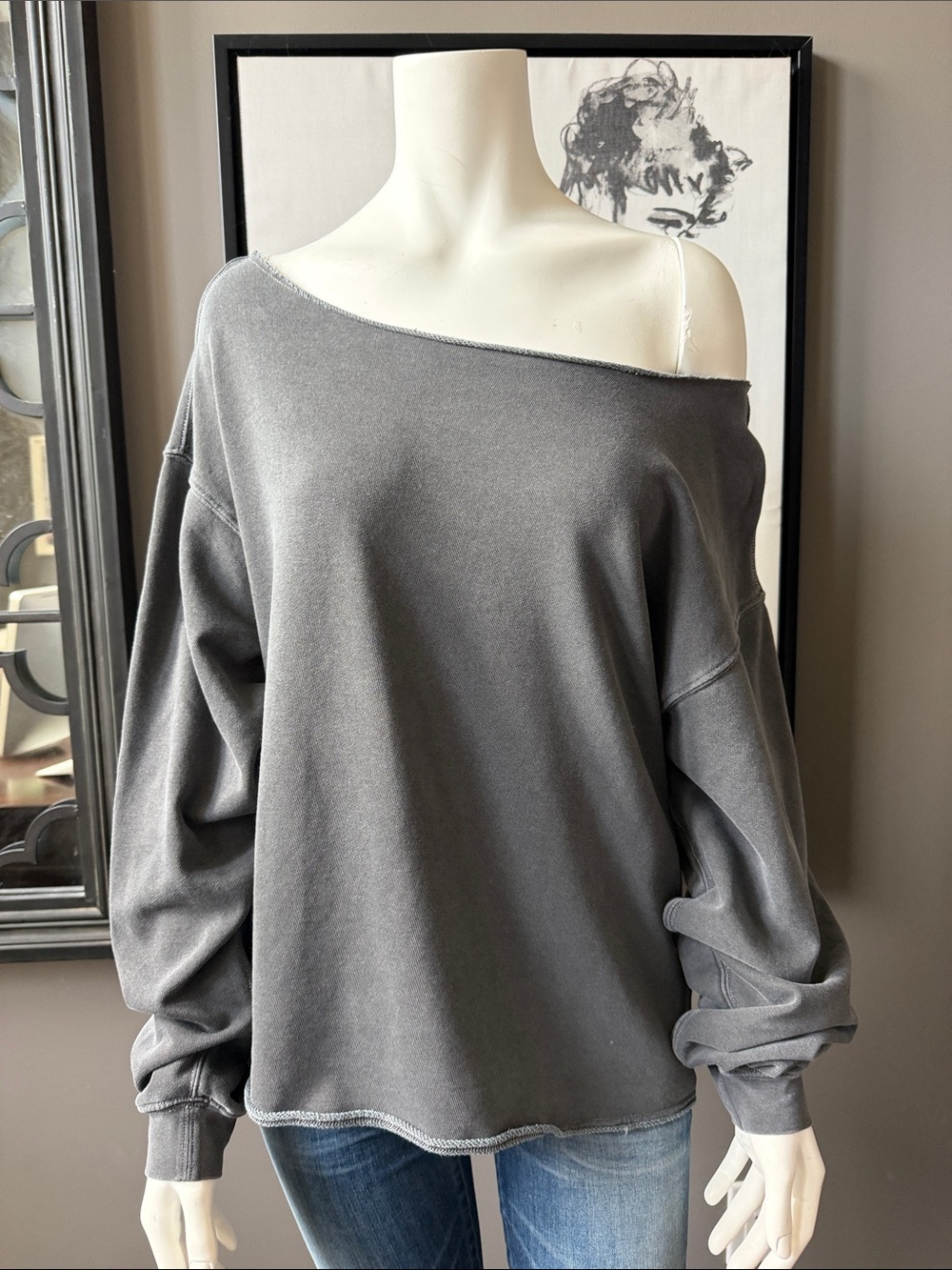 aerie Off-the-Shoulder Charcoal Gray Sweatshirt